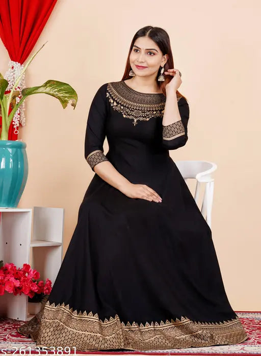 Golden print floral women's rayon kurta, three-quarter sleeves, Anarkali style for special occasions