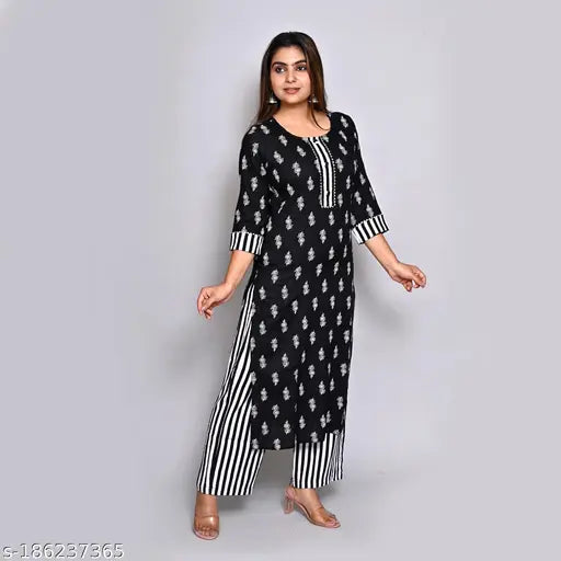 Black Rayon Straight Kurti with Plazzo Set for Women and Girls - Printed, lightweight and comfortable for casual or formal events, featuring three-quarter sleeves, made in India