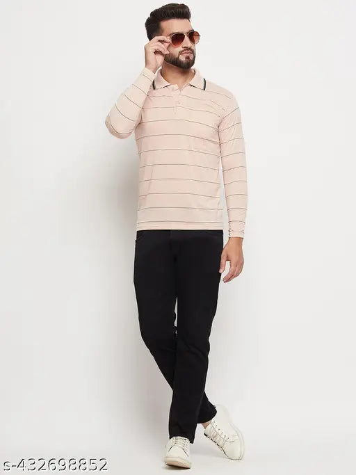 Nuovo Men's striped slim fit cotton blend polo t-shirt, short sleeves, navy & white stripes on chest with pocket