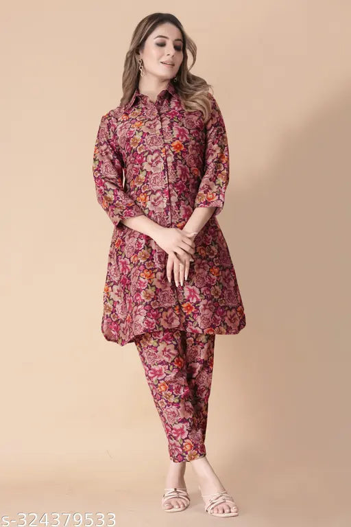 Designer foil printed modal coord set, three-quarter sleeve length, Indian party-wear fashion on hanger