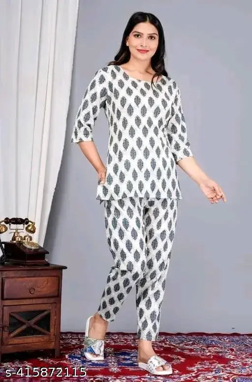 Black cotton printed nightsuit top & pyjama coord set for women, stylish and comfortable sleepwear with three-quarter sleeves, available in sizes S-XXXL