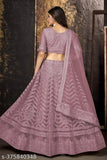 Pink net embroidered lehenga choli and dupatta set with ethnic motifs, semi-stitched (waist 44in, length 42in, dupatta 2.25in), made in India