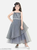 Grey net embellished party gown dress for kids aged 2-9 years, toy balloon design on full length gown