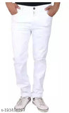 Plain white denim jeans for men, solid style in sizes 28, 30, or 32 inches waist and 41 inches length, originated from India