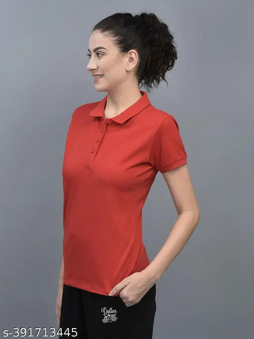 Red cotton blend polo t-shirt, short sleeves, Dollar Women's Solid Athletic Wear