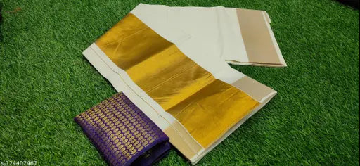 Handcrafted Kerala Kasavu plain silk saree with embellished blouse, free size, India origin