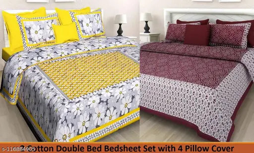 Jaipuri cotton bed sheet combo pack, fine floral 160 thread count sheets for two double beds, four matching pillow covers