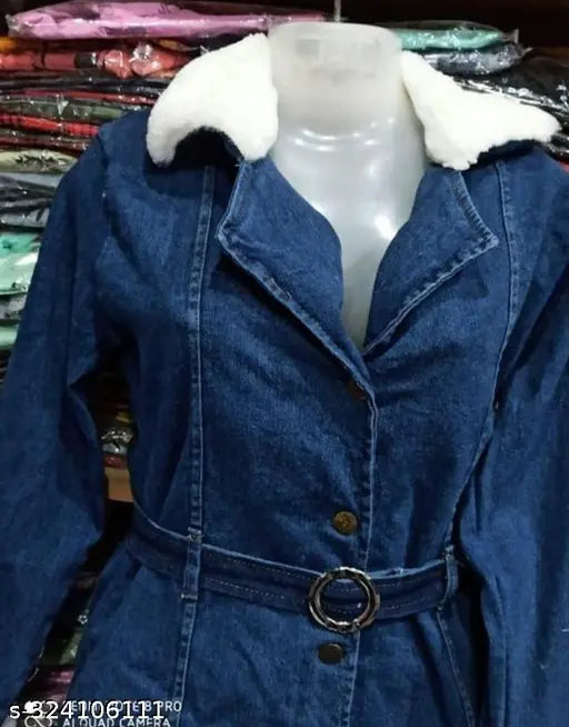 Denim long-sleeve solid fur coat for girls, stylish warm winter attire India