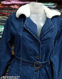 Denim long-sleeve solid fur coat for girls, stylish warm winter attire India