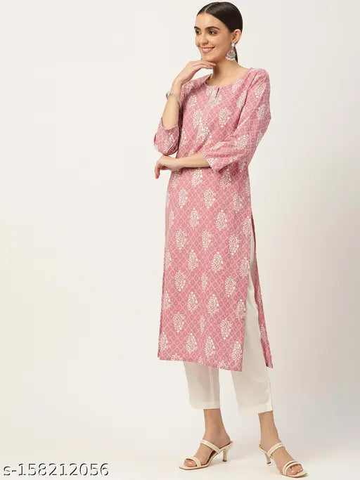 Pink Bandhani Printed Cotton Straight Kurta for Women - Off-white ethnic motifs, three-quarter sleeves, India