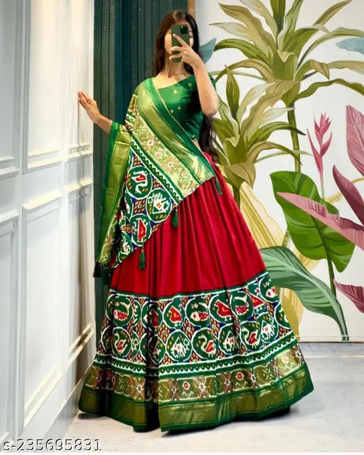 Floral silk Patola print Dola Silk Lehenga Choli by Shree Shyam Creation - Art silk semi-stitched traditional Indian wedding wear, featuring drawstring with tassels and zip stitching