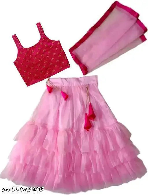 Kids' cotton blend sleeveless lehenga cholis with net dupatta and ruffle stitch, size 1-2 years (waist 22in, length 22in)