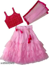 Kids cotton blend sleeveless lehenga cholis with ruffle stitch, available in multiple sizes from 1-2 years to 7-8 years. Hand-embroidered net dupatta included, origin India