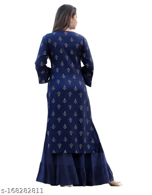 Plus size blue printed rayon kurta and sharara set, three-quarter sleeves on model