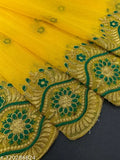 Embroidered net sari with dupion silk blouse, latest design in mustard yellow, off white, black, and sky blue