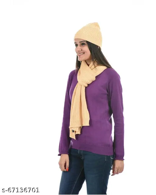 Cream cotton net winter combo pack: Women's warm woolen hair yarn cap with fur lining & open muffler, breathable & soft for chilly weather