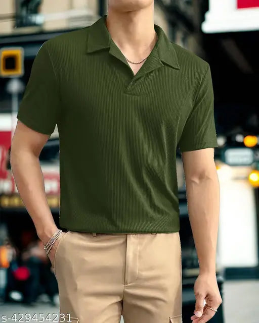 Striped lycra short-sleeve premium t-shirt for men, made in India - size M: chest 38in, length 27in