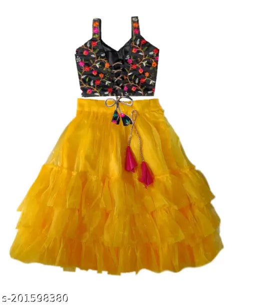Taffeta silk & net dupatta lehenga choli for kids, embellished with gota work. Colors: Sleeveless, sizes 6-8 years, Indian made