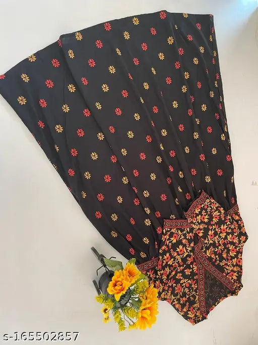 New rayon, three-quarter sleeve printed Anarkali kurti for women's ethnic wear gown. Stylish trendy design, festive and party ready." (106 characters)