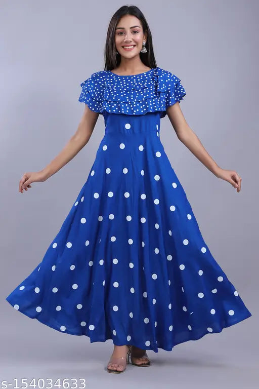 Rayon polka dot anarkali kurti, short-sleeved printed Indian outfit in size XXL (54 in)