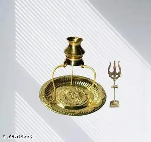 Brass Pooja Plate Thali with Trishul, Shivling Stand, and Abhishek Lota Kalash - Indian decorative brass Shivling set for spiritual worship