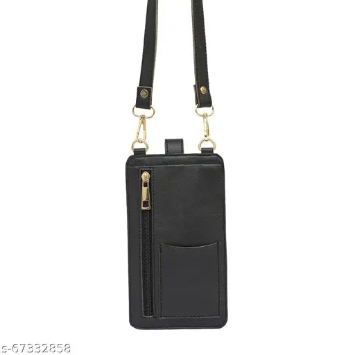 Black faux leather structured sling bag, 2 compartments with buckle detail and zip closure, ideal for mobile use