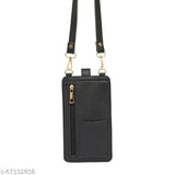 Black faux leather structured sling bag, 2 compartments with buckle detail and zip closure, ideal for mobile use