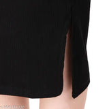 Black cotton ribbed pencil skirt with elastic waistband, side slit calf length for women's parties and events