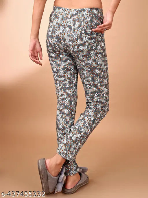 Rayon printed pyjama combo pack for women with back pockets, maxi length and elasticated waistband. Indian-made sleepwear/joggers featuring stylish back pockets