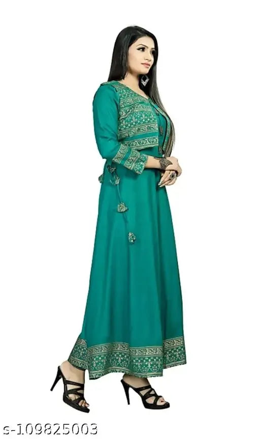 Green rayon Anarkali Kurti with designer printed jacket, three-quarter sleeves, border print pattern, 4XL (Bust Size: 48 in)