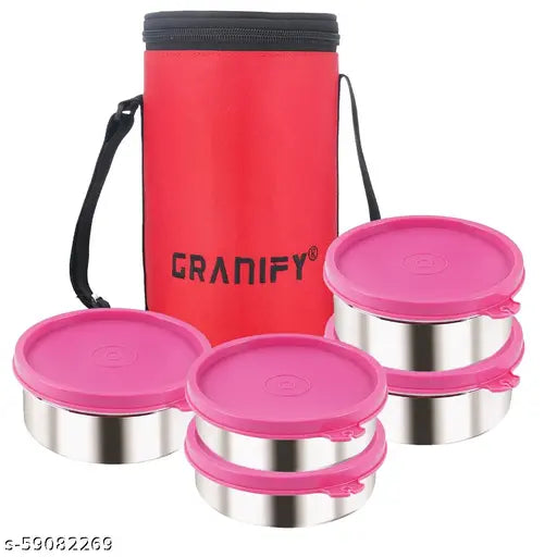 Red circular stainless steel lunch box set with 5 containers - ideal for packed lunches, made in India