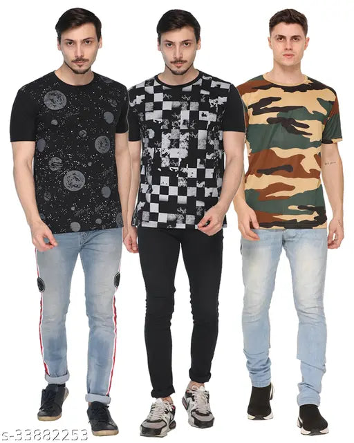 Cotton blend, printed fancy men's T-shirts by Shaun, short sleeves, size S (37in chest, 25in length). Stylish casual wear on display