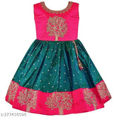 Silver-green and pink satin embroidered frock for girls, featuring gold waistband with tassel and zipper. Indian origin
