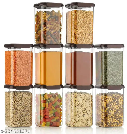 Brown Airtight Plastic Square Containers (1100 ML, Set of 12) - Ideal for kitchen storage & dry fruit jar organizer