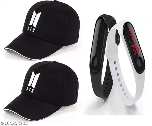 White and black adjustable BTS cotton cap with digital LED band, self-designed and embellished. Four pieces, Diwali gift special offer for men and boys, Indian-made