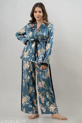 Blue printed pattern long sleeve V-neck women's night suit set (Satin) - PRETTY LOVING THING