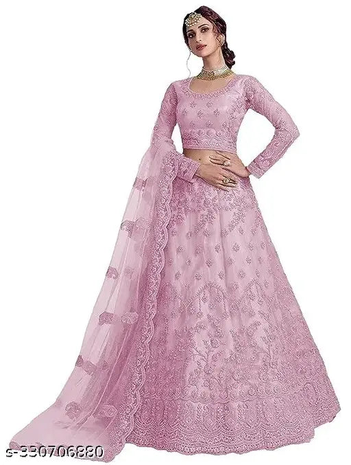 Designer pink embroidered net lehenga choli and dupatta with floral patterns, semi-stitched (42 waist, 44 length), Indian origin