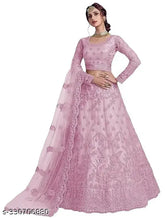 Designer pink embroidered net lehenga choli and dupatta with floral patterns, semi-stitched (42 waist, 44 length), Indian origin