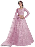 Designer pink embroidered net lehenga choli and dupatta with floral patterns, semi-stitched (42 waist, 44 length), Indian origin