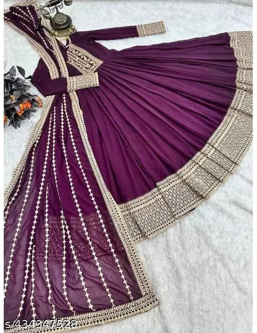 Wine Georgette Anarkali Kurta Gown & Dupatta Set - Indian embroidered work gown in long sleeves, sequin coding embellishments, size L