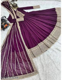 Wine Georgette Anarkali Kurta Gown & Dupatta Set - Indian embroidered work gown in long sleeves, sequin coding embellishments, size L