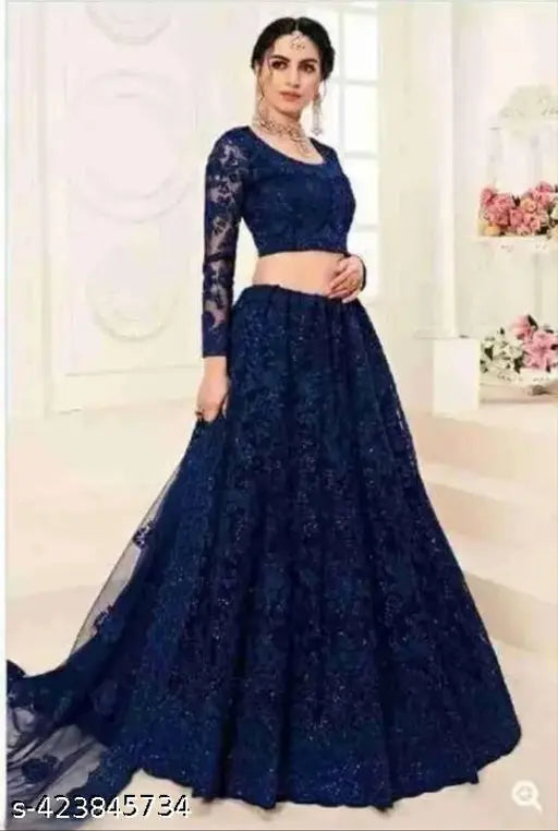 Embroidered net lehenga choli & dupatta set, free size, Indian hand-embroidery, traditional women's best attire