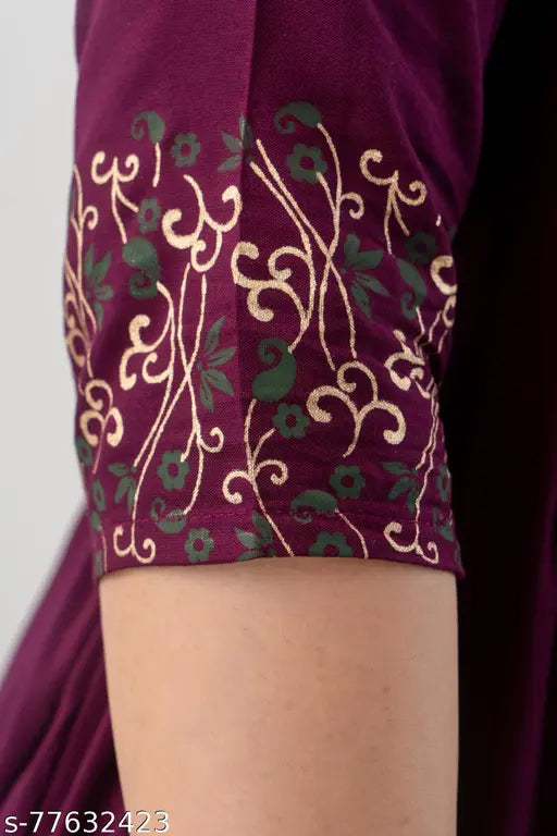 Rayon vine purple Anarkali long kurta with printed combo, three-quarter sleeves, and round neck for women (M: Bust 38in, Size Length 48in)