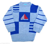 Grey and blue printed wool sweater set for trendy boys, colorblocked design on display