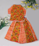 Cotton Jaipuri print One-Shoulder Top/Kurti & Lehenga/Skirt Set (S19_A), floral pattern, three-quarter sleeves. Indian traditional baby girls' outfit made with soft cotton fabric