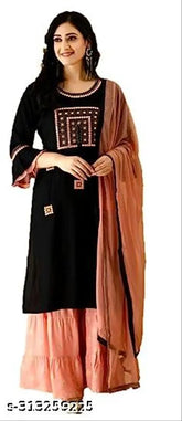 Bamboo embroidered Kurta Sharara set with dupatta and bottomwear, M-XXXL sizes. Indian ethnic wear for women