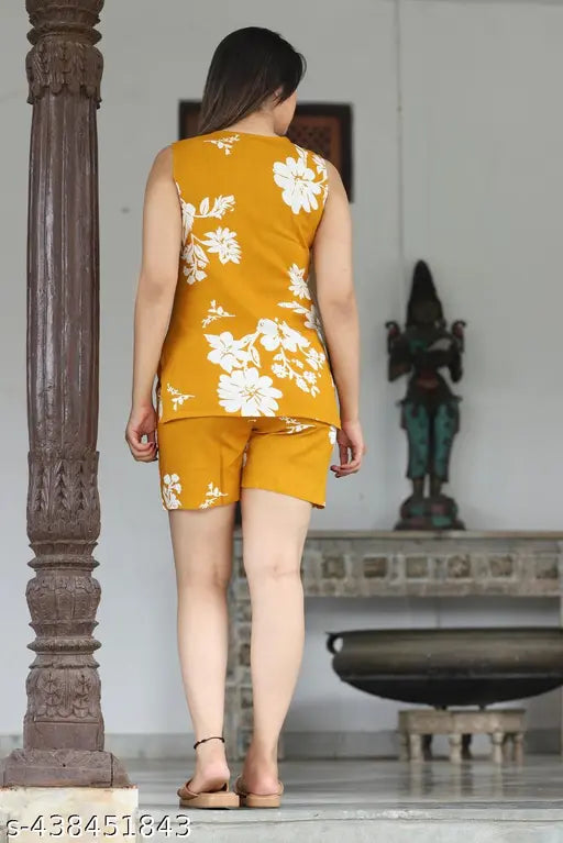Rayon printed nightsuit for women, featuring short sleeves and shorts bottom. Made in India