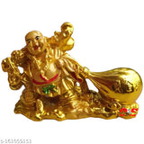 Golden Laughing Buddha figurine for wealth & business (Brass, 8cm x 10cm x 6cm), Vastu/Feng Shui home decor, placed by main entrance or diagonal to it, Indian origin