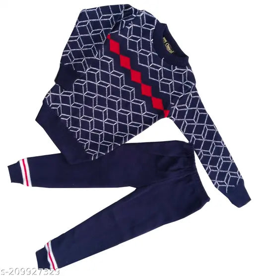 Navy blue self-design wool sweatshirt and pant set for kids boys with full sleeves, printed dress by Ruaa Fashion