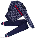Navy blue self-design wool sweatshirt and pant set for kids boys with full sleeves, printed dress by Ruaa Fashion